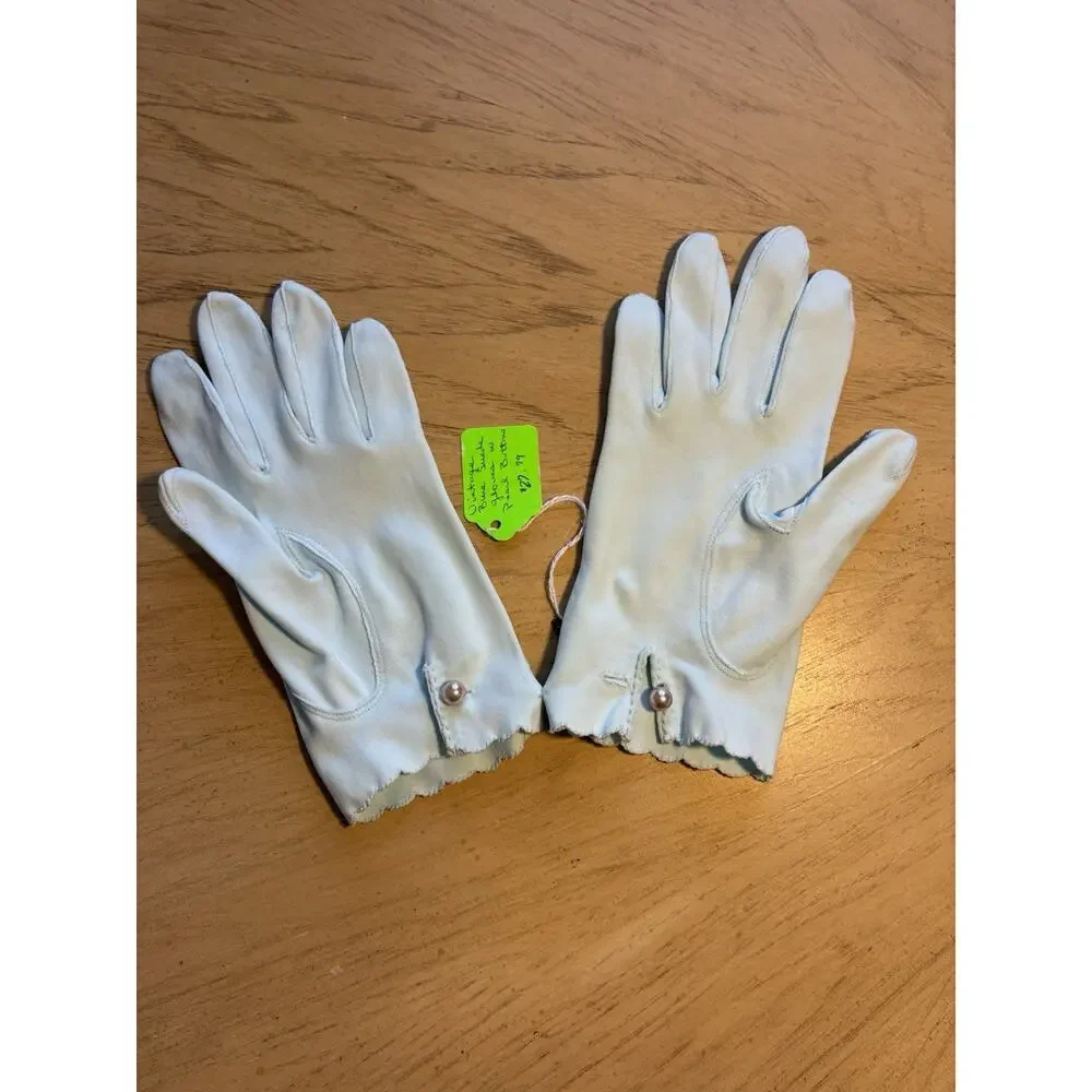 Vintage Van Raalte Baby Blue Amersuede Gloves Scalloped Pearl Button 1950s Med